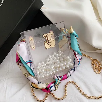 

TOYOOSKY Transparent Mini Tote Bags For Women 2020 Summer Fashion Acrylic Handbags Scarves Design Shoulder Bag Pearl Lady Purse