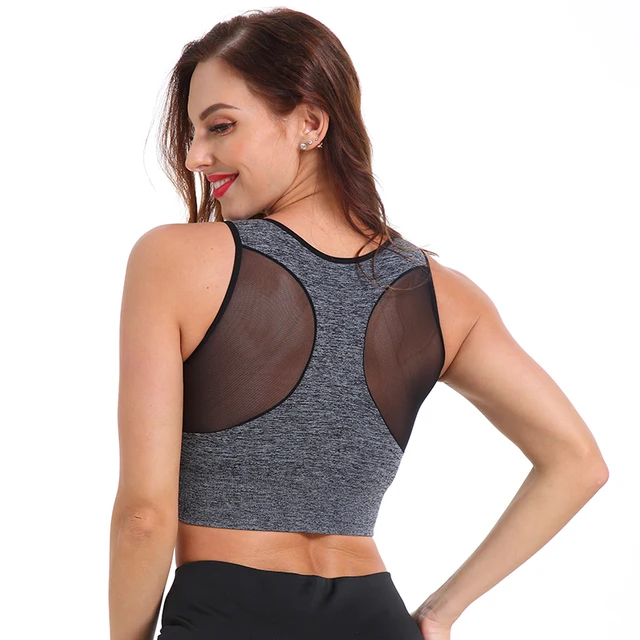SEXYWG Top Women Yoga Shirts Breathable Mesh Shockproof Gym Running Sports Bra Solid Seamless Fitness Yoga Sport Bh Bra Top Vest Grey