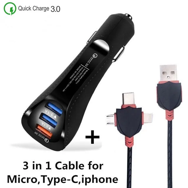 Black 3USB and Cable 3 порта USB зарядное устройство 3.1A автомобильное зарядное устройство для мобильного телефона быстрое зарядное устройство адаптер для iphone huawei samsung Quick charger 3,0 - Тип штекера: Black 3USB and Cable