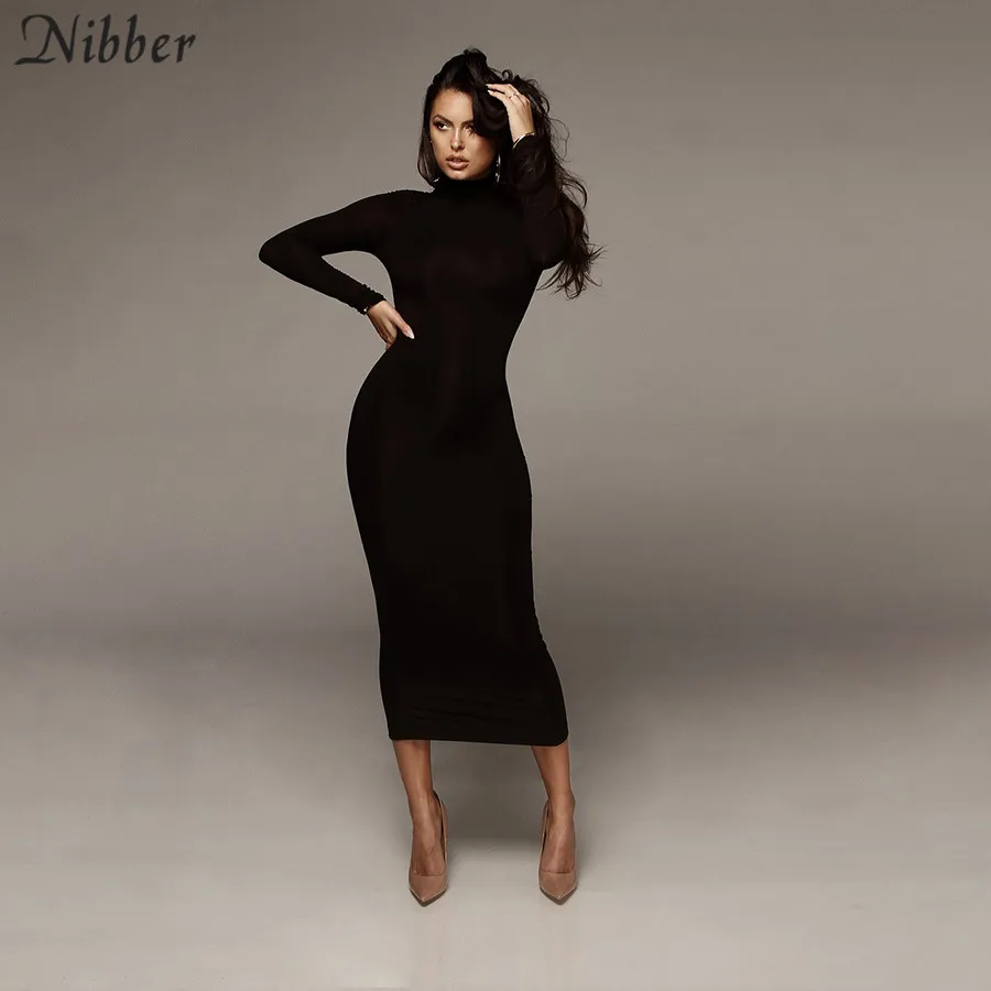 NIBBER, осенне-зимнее женское однотонное тонкое мягкое платье, платья с высоким воротом, женское элегантное облегающее длинное платье с рукавами-крылышками