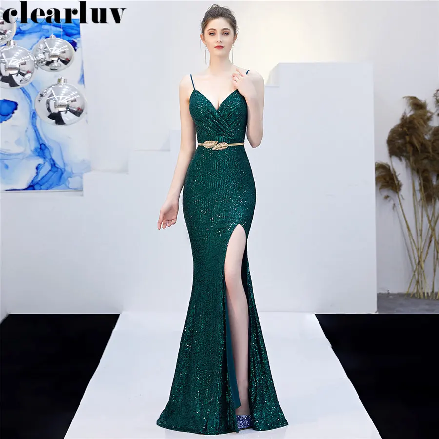 

Sequins Evening Dresses Sexy Strapless Split Women Party Dress DX269-1 Plus Size Robe De Soiree Long Sling Backless Formal Gowns