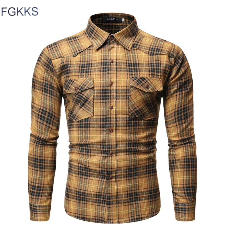 

FGKKS Men Casual Shirts New Male Fashion Turn-down Collar Long Sleeve Shirt Men's Comfortable Wild Open Stitch Plaid Shirt Tops