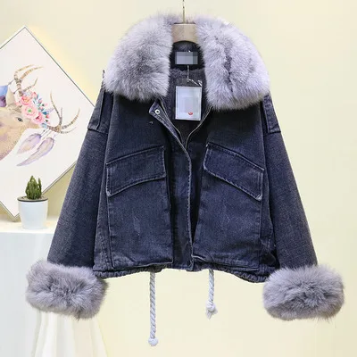 Black(Gray Collar) Уличная зимняя куртка с воротником из лисьего меха и манжетами, джинсовая куртка с подкладкой из искусственного меха, Женское пальто, Повседневная теплая Плотная джинсовая куртка, пальто - Цвет: Black(Gray Collar)