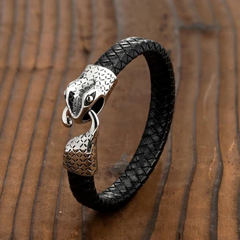 Wolf Head Snake Head Charm Leather Braided Rope Bracelet Men's Stainless Steel Magnetic Bracelet Gift