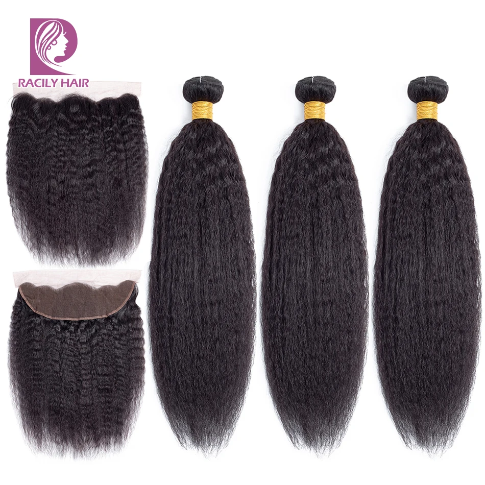 

Racily Hair Natural Color Brazilian Kinky Straight Bundles With Frontal Remy Human Hair Bundles With 13x4 Lace Frontal Closure