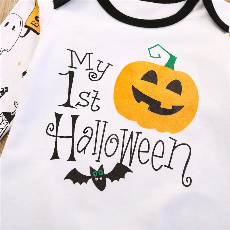 Newborn Infant Baby Girls Boys Autumn Halloween Costume For Kids Clothes My 1st Halloween Letter Print Jumpsuit For 0-24M Baby