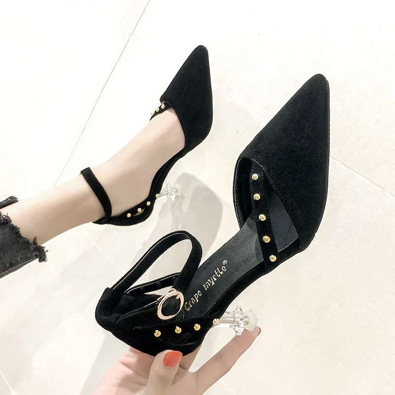 

Women's Pointed-Toe Sandals Women's 2019 Summer New Style Suede High Heel Shoes Versatile A- line Buckle Thin Heeled Rivet Onlin