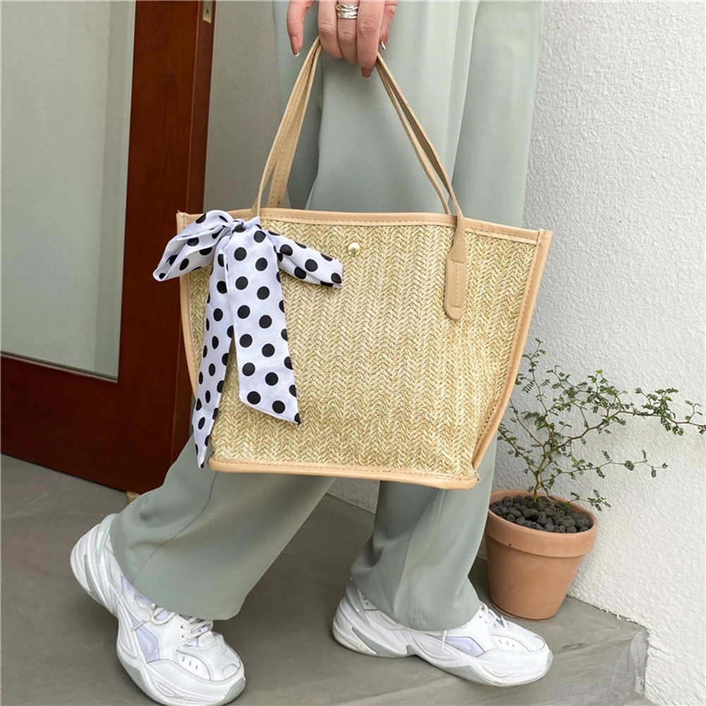2021 Vintage Women Straw Woven Silk Scarf Large Capacity Shopping Tote Bag Handbags Small Beach Women Summer Bags