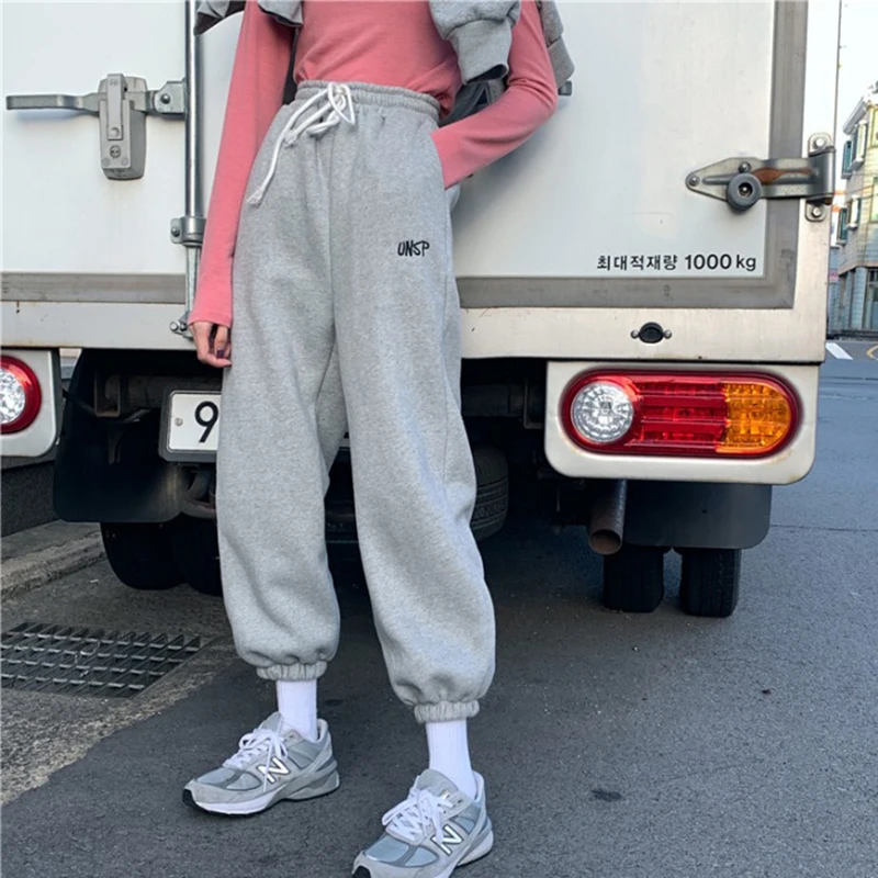 HOUZHOU 5xl Grey Sweatpants Women Korean Style Track Pants for Women Joggers Plus Size Embroidery Oversized Trousers Streetwear HOUZHOU 5xl Grey Sweatpants Women Korean Style Track Pants for Women Joggers Plus Size Embroidery Oversized Trousers Streetwear