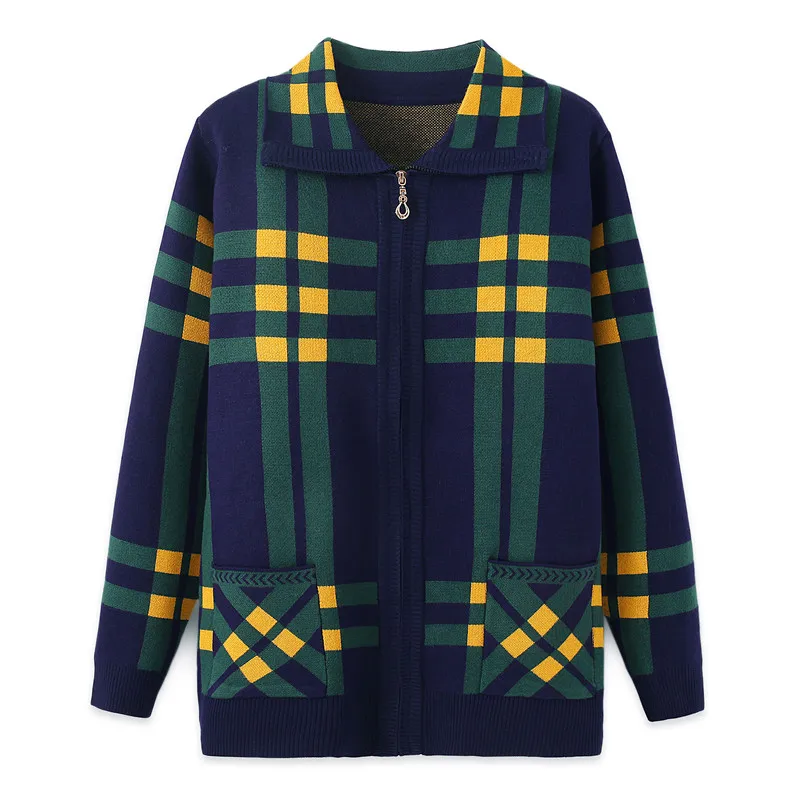 Женский вязаный свитер осенне-зимняя повседневная клетчатая куртка для среднего