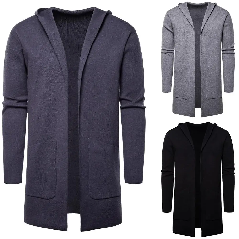 Baratos 2019 otoño e invierno nuevo suéter de punto con capucha de Color sólido para hombre suéter largo de gran tamaño para hombre abrigo J779