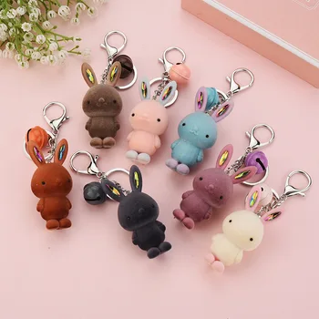 

Creative Flocking Rabbit Keychain Sweet Bell Pendant Couple Romantic Car Key Ring Cartoon Doll Jewelry Gift Accessories