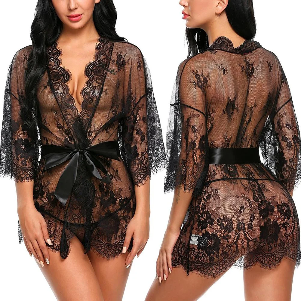 Sexy Women Lingerie Lace Night Dress Sleepwear Nightgown Bandage Deep V G-String See Through Sexy Sheer Sleep Dress Silky