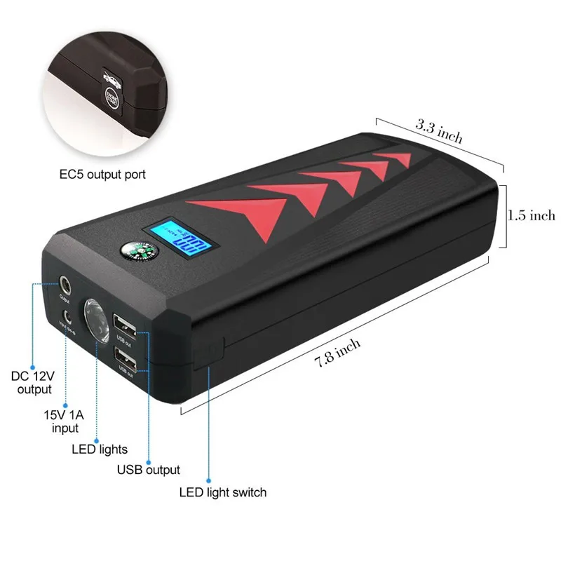 

24000mAh 1000A Peak Car Jump Starter Emergency Kit Multifunction Quick Charge Power Bank Dual USB Charge Port Flashlight