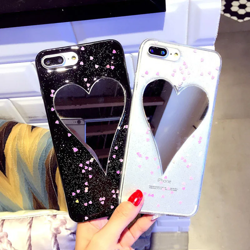 

Bling Glitter Make Up Mirror Transparent Phone Case For iPhone 6 6s 7 8 Plus XS X Fashion Women Heart Case Cover