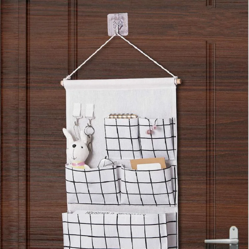 5 Pockets Cotton Linen Fabric Wall Door Hanging Bag Organizer Storage Pouches Wardrobe Closet Storage Bag Sundries Pouches