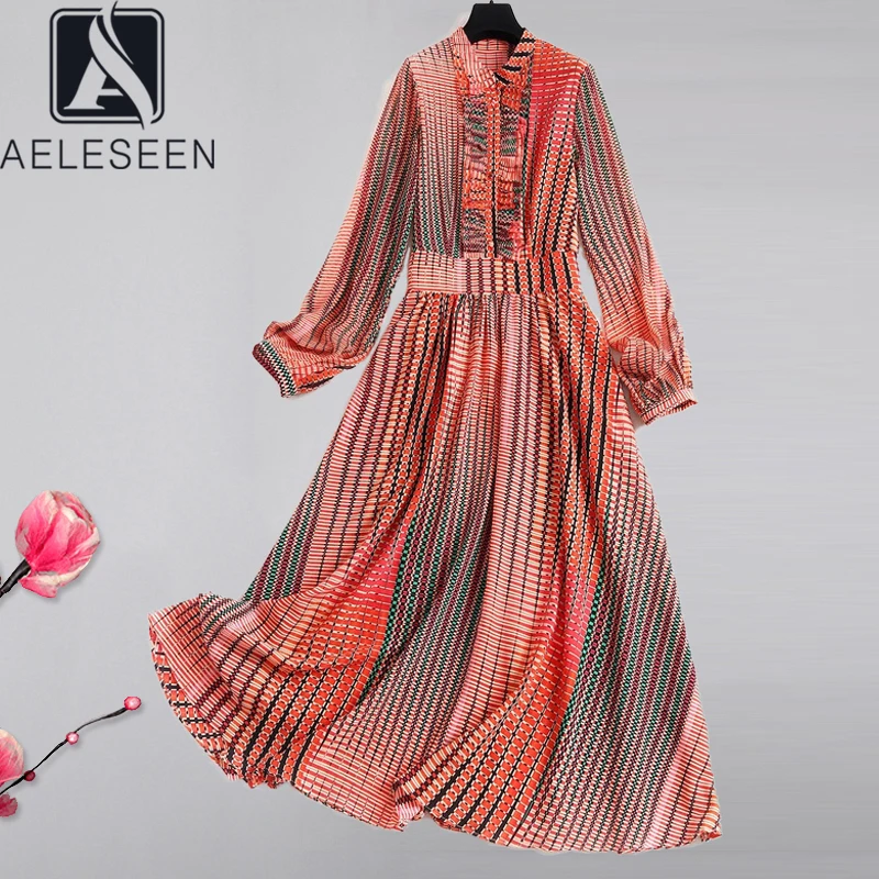 AELESEEN, подиумное модное платье в полоску, весна-лето, женское Элегантное Длинное Повседневное платье с длинным рукавом и оборками, vestidos