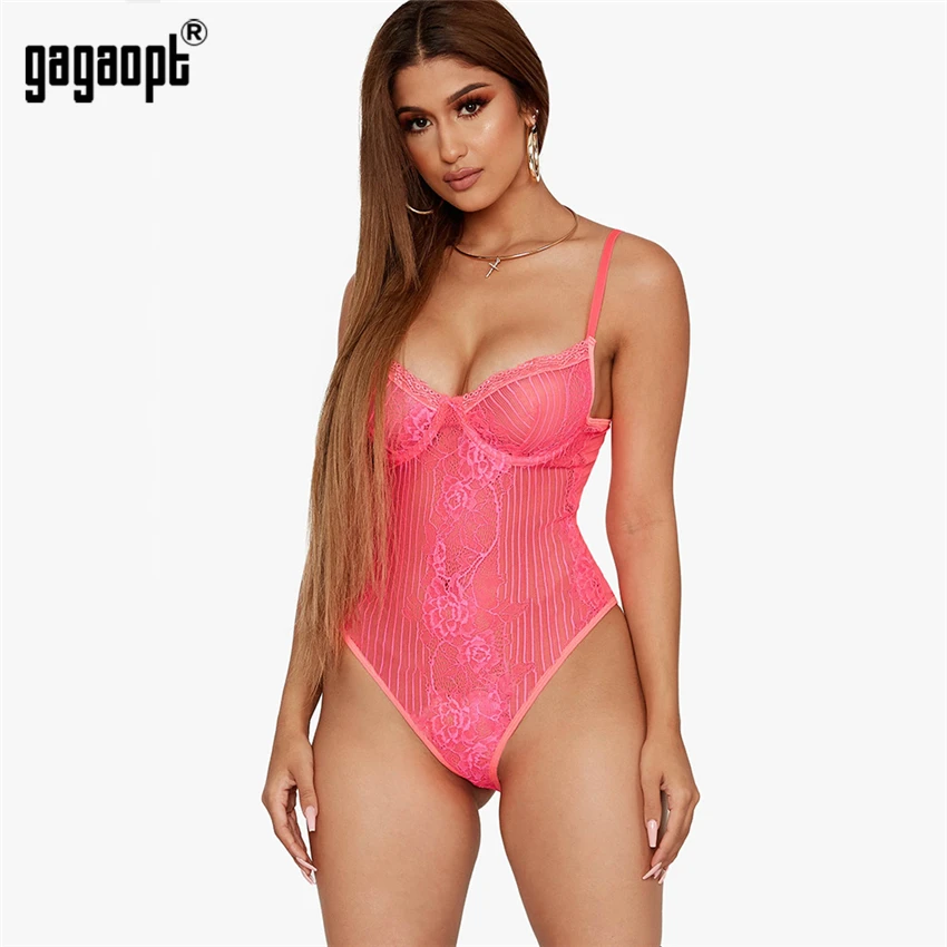 red bodysuit Gagaopt Sexy Lace Bodysuit Backless Sheer Lace Mesh Teddies Women Jumpsuits Skinny Neon Fashion Straps Bodysuits mesh bodysuit