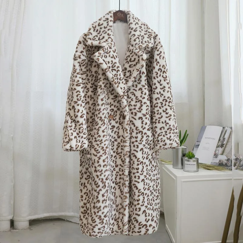 white leopard Розовая длинная куртка с плюшевым мишкой, пальто для женщин, зима, Толстая теплая объемная массивная верхняя одежда, пальто для женщин, пальто из искусственного меха ягненка - Цвет: white leopard