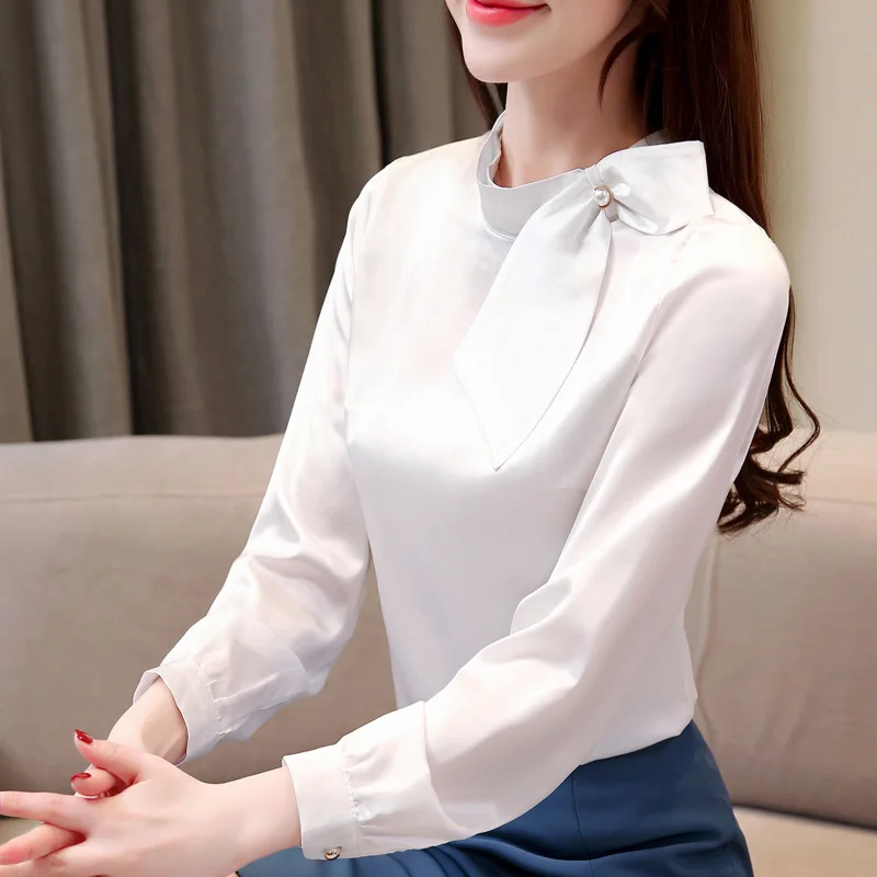 

Women Spring 2019 New Slim Long Sleeve Silk Shirt Elegant Party Stand Collar Blouse Women Summer Workwear Blouses
