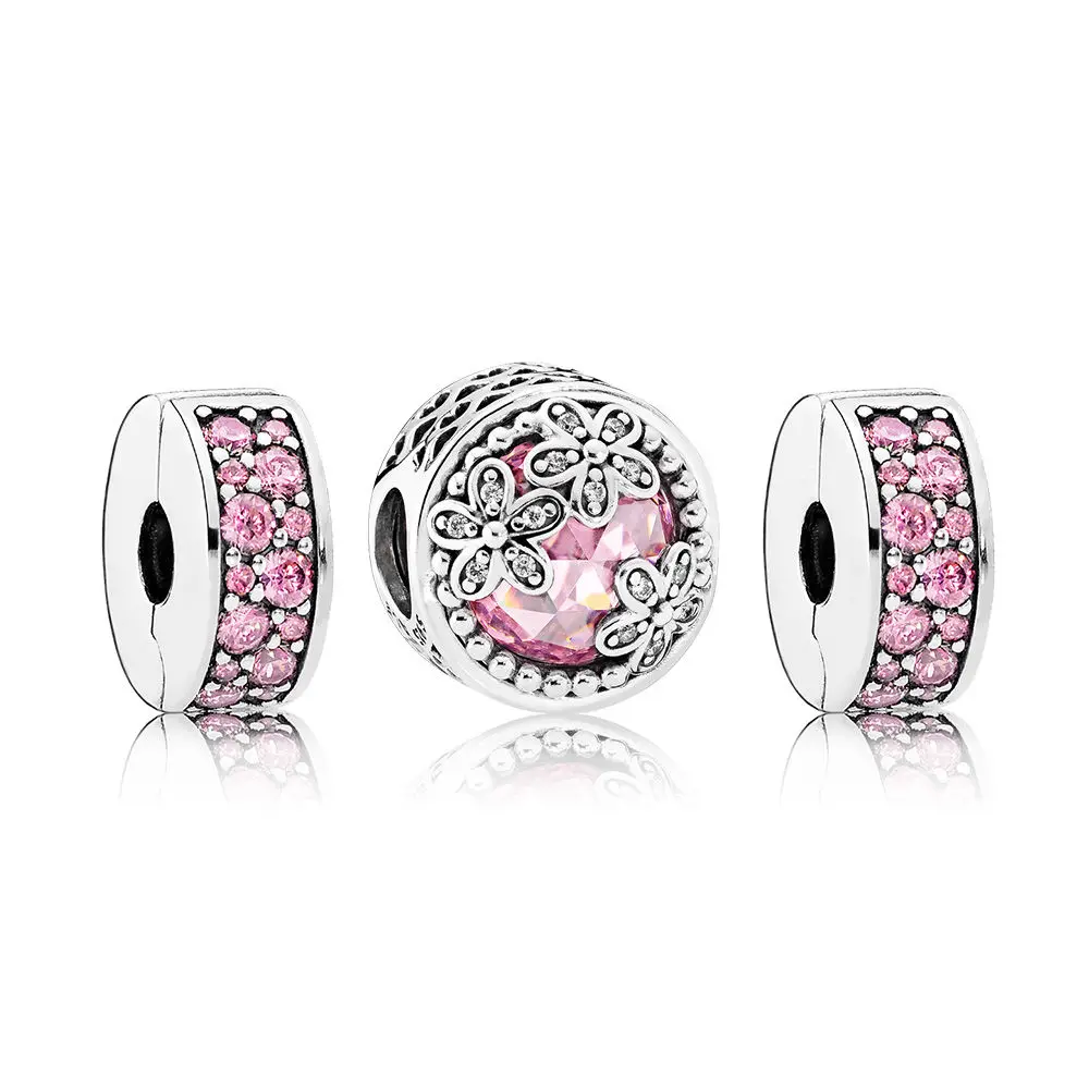

100% 925 Sterling Silver Pretty in Pink Charm Bead Set fit charms Bracelets jewelry Set Free Shipping
