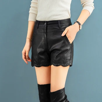 

Plus Size S-4XL Leather Shorts Women Pocket Black Shorts Girls Short Embroidered Fashion Casual Shorts PU Leather Trouser Female