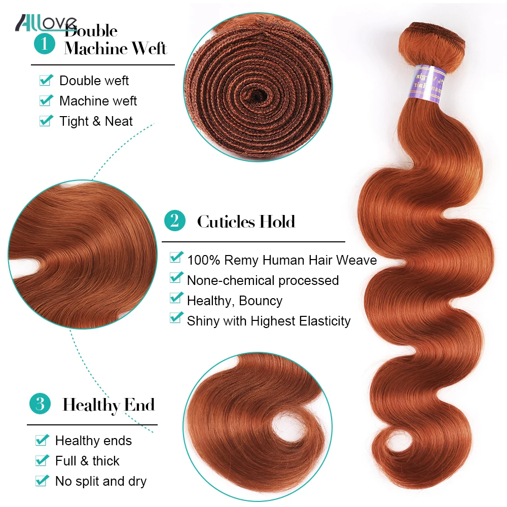 Orange Ginger Body Wave Bundles Allove Pre Corlored Bundles Brazilian Body Wave 4 Bundles Hair Ombre Human Hair Bundles 1 3 4Pcs