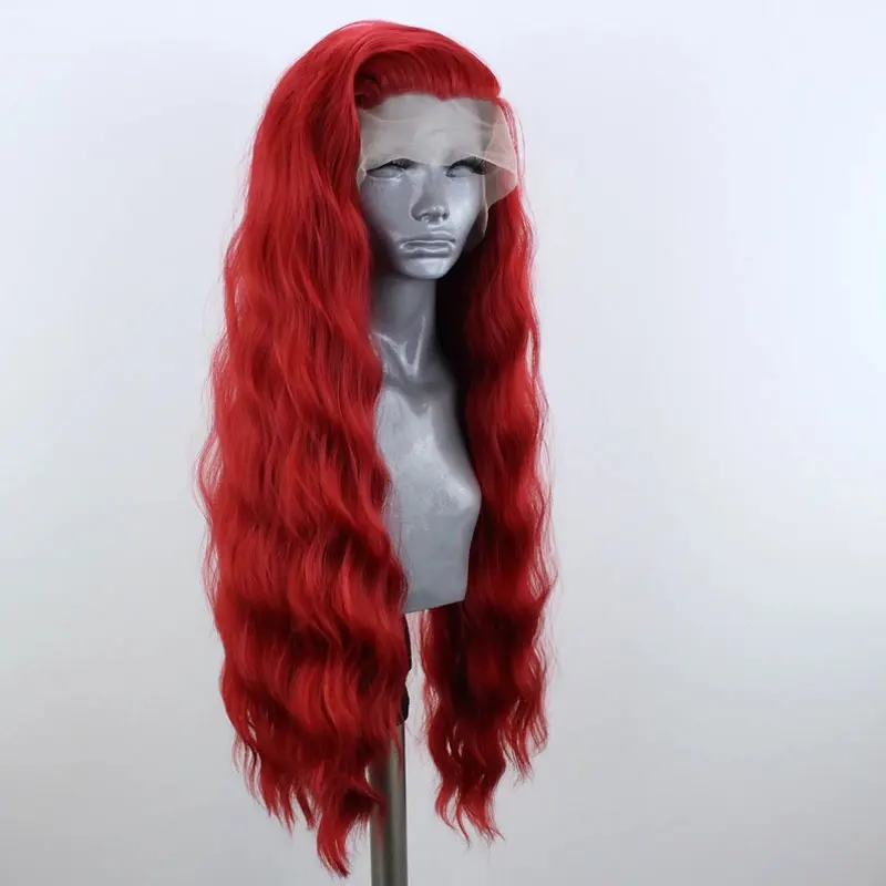 Bombshell красная волна воды ручная вязка синтетический 13*3 парик фронта шнурка жаростойкое волокно естественная линия волос боковая часть для женщин парики