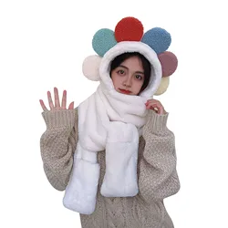 шапка Women Clothing 3-in-1 Multifunctional Hooded Scarf with Mittens Colorful Plush Balls Cap for Winter
