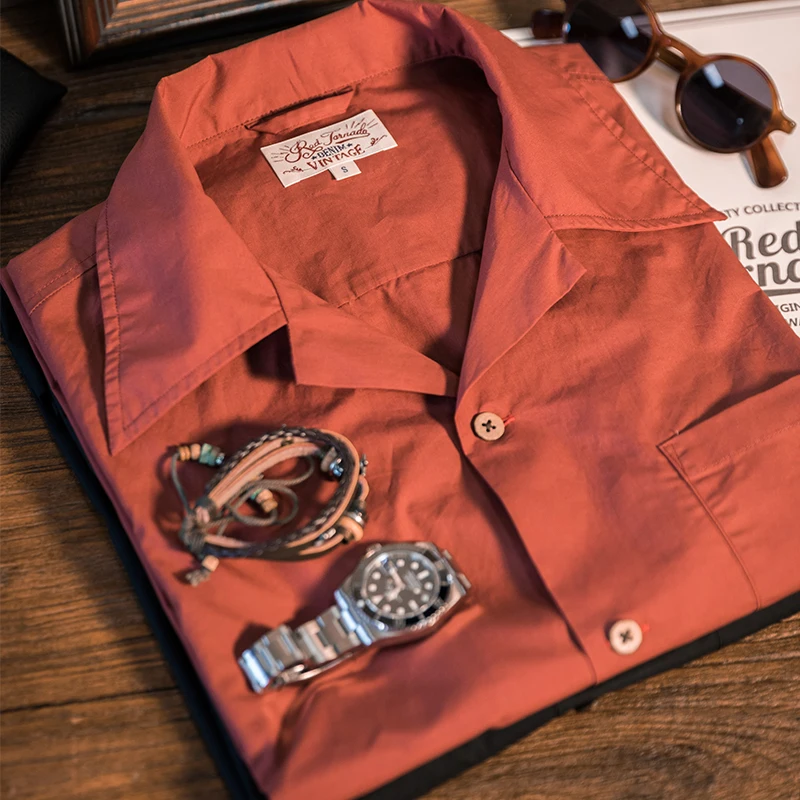 Red Tornado Men Cuban Collar Shirts Retro Plain Short Sleeved Tee Shirts Boxy Fit 5