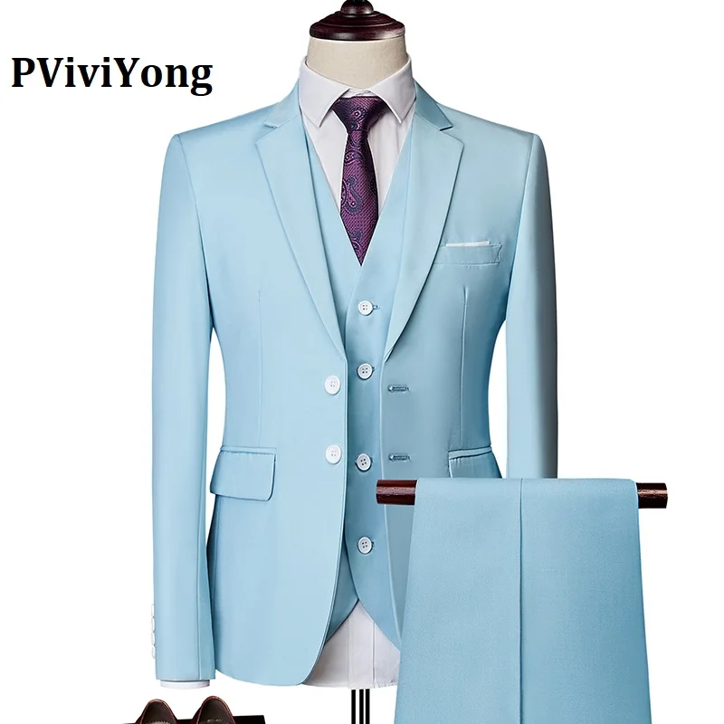 PViviYong brand high quality suit men，wedding Dinner party interview suit Three-piece(Jackets+ Vest+ Pants) 533 - Color: Sky blue