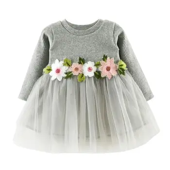 

Autumn O-neck Flowers Splicing Kids Baby Dress Long Sleeves Yarn Dresses