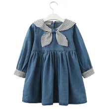 Новинка года; сезон осень; джинсовое платье в полоску с длинными рукавами и бантом для девочек в духе колледжа От 3 до 7 лет платье принцессы с воротником в морском стиле