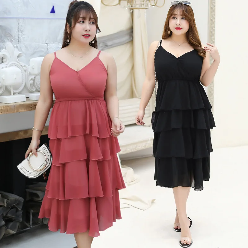 Summer Wear New Style Large GIRL'S Large Size Dress Plus-sized Elegant Camisole Cake Dress a Generation of Fat 1713