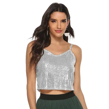 

Gold Sliver Sequined Spaghetti Strap Crop Top Tees Fashion V Neck Solid Sexy Summer Tops Casual Party Club Clothing