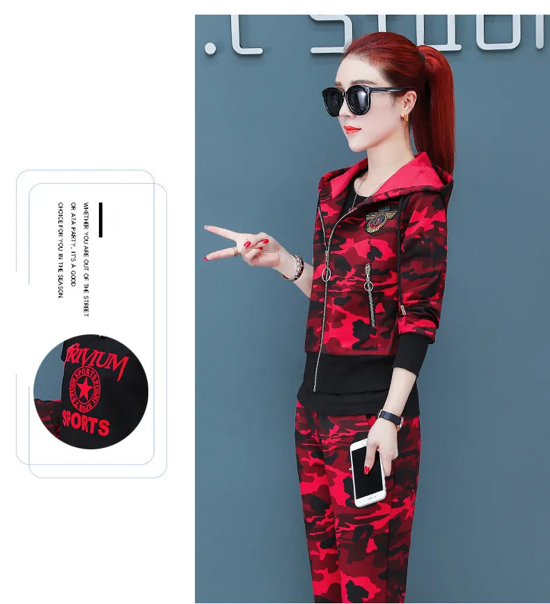 Camouflage Three Piece Set Tracksuit Women Zipper Tops+ T-shirt+ Pants Suit 3pcs Hoodies Sets Female Military Sporting Suits