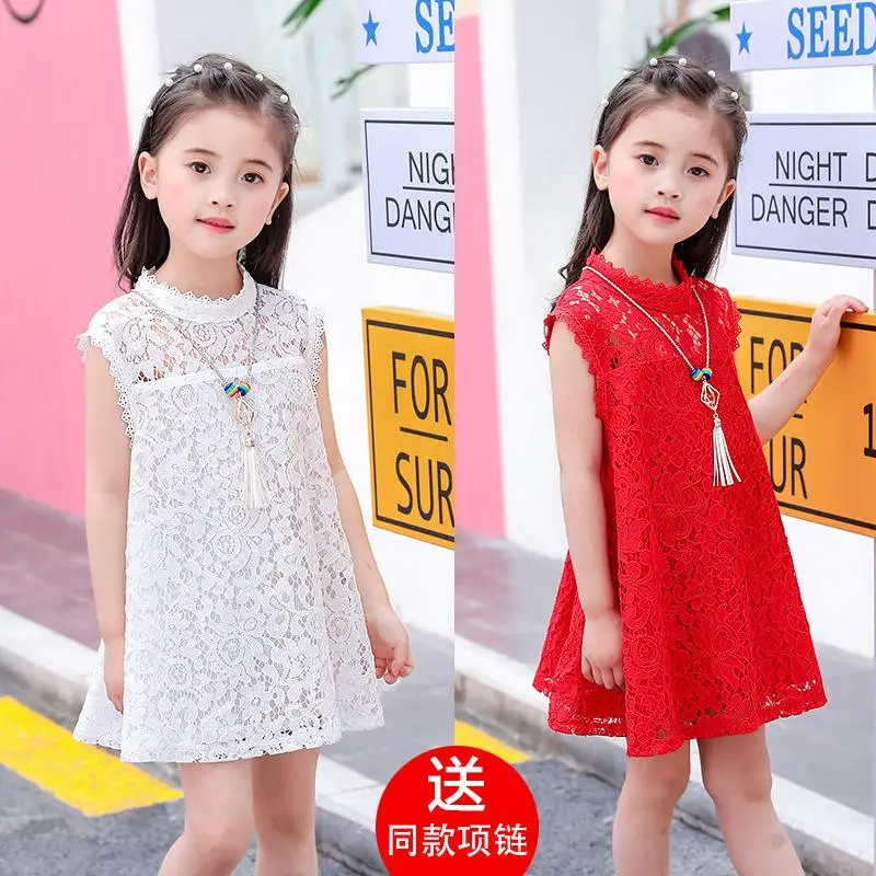 

Girls dress solid color sleeveless children's clothing new summer lace kids clothes