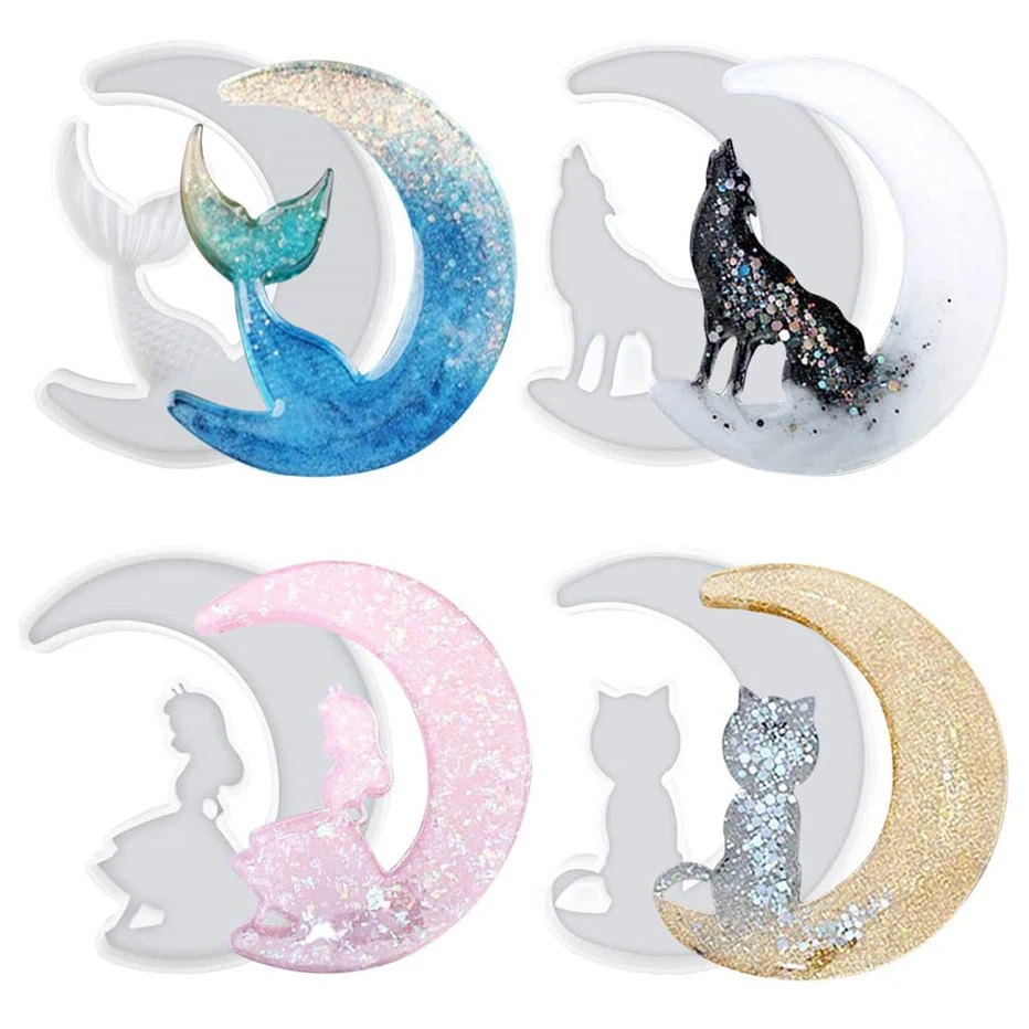 DIY Crescents Moon Resin Mold Creative Wolf Cat Girl Mermaid Tail Epoxy Silicone Molds For Ornaments Home Decoration | Украшения и