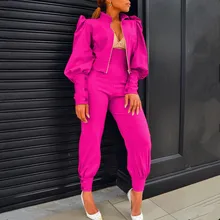 

Pure Color Full Lantern Sleeve Zipper Jacket + Slim Overalls Set Women Fall 2021 Fashion Casual Pants Set