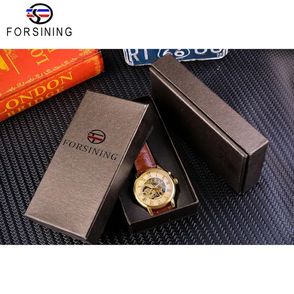 Forsining Golden Roman Men's Mechanical Watch Skeleton Transparent Slim Hand Winding Business Man Brown Leather Belts Wristwatch