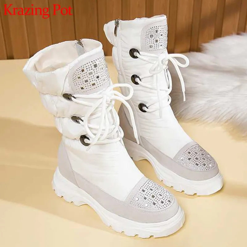 

Krazing Pot hot winter super warm snow boots mixed colors cow leather crystal round toe thick bottom lace up mid-calf boots L1f3