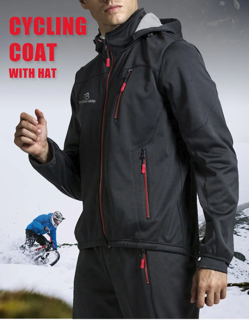 Queshark Мужская съемная флисовая многофункциональная ветрозащитная теплая куртка с капюшоном для зимнего и весеннего велоспорта MTB на открытом воздухе