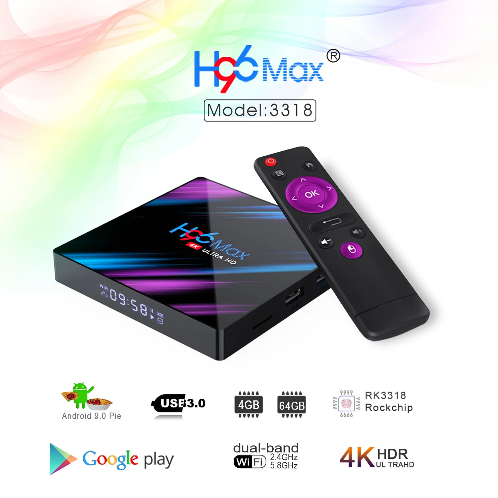  H96 MAX Android 9.0 Smart TV Box 4GB + 64GB Wireless IPTV Box 4K USB Set Top Box WiFi 5G For Netfli