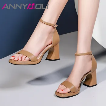 

ANNYMOLI Summer Sandals Women Shoes Genuine Leather Strange Style High Heels Ankle Strap Shoes Buckle Open Toe Sandals Ladies 39