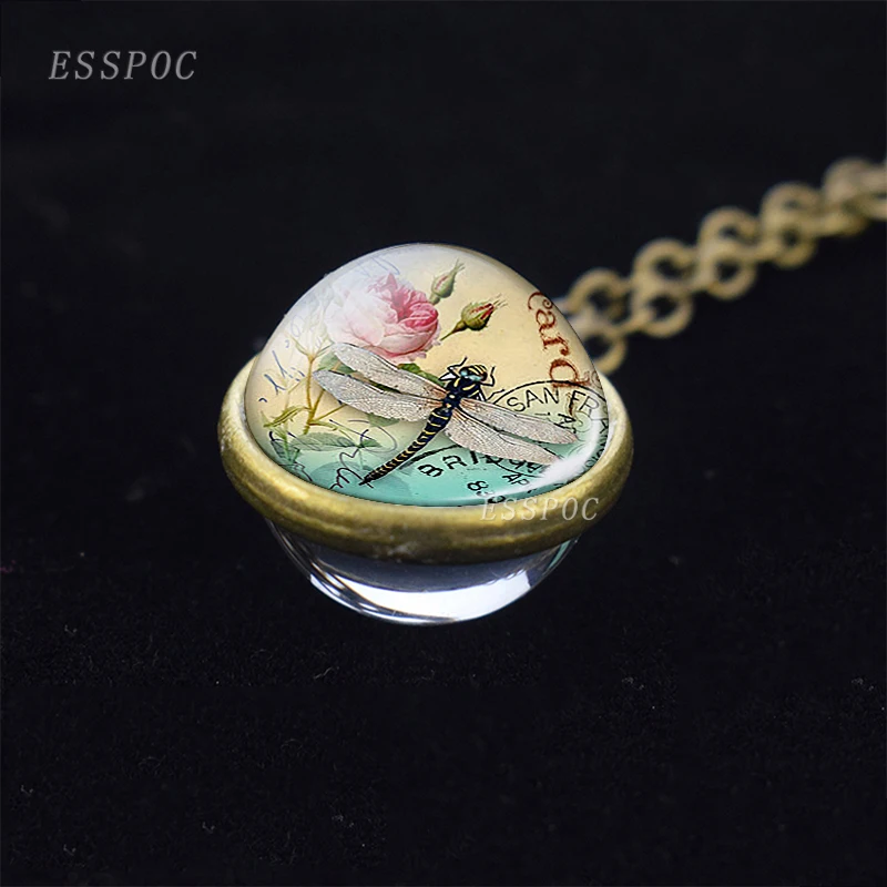 Стрекоза в искусстве двухсторонняя, для стекла подвеска в форме шара Винтаж очарование насекомых ювелирные изделия женские модные Кристаллы Цепочки и ожерелья