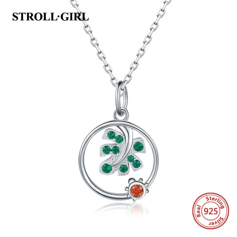 Strollgirl, 925 пробы, серебряная цепочка в виде животных, зеленые листья с красным кулоном в виде божьей коровки, CZ ожерелье для женщин, вечерние ювелирные изделия