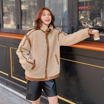 

2020 Winter New Faux Fur Splice PU Leather Loose Women Jackets and Coats Female Elegant Korean Lambwool Short Overcoat Parkas