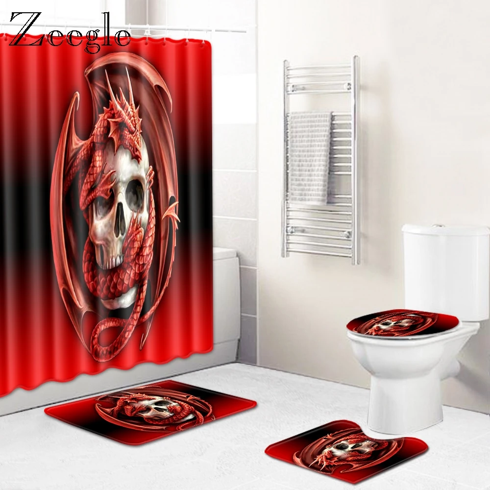 Zeegle Halloween Toilet Curtain Set with Bath Mat Toilet Seat Cover Mat Waterproof Toilet Shower Curtain Bathroom Entrance Mat