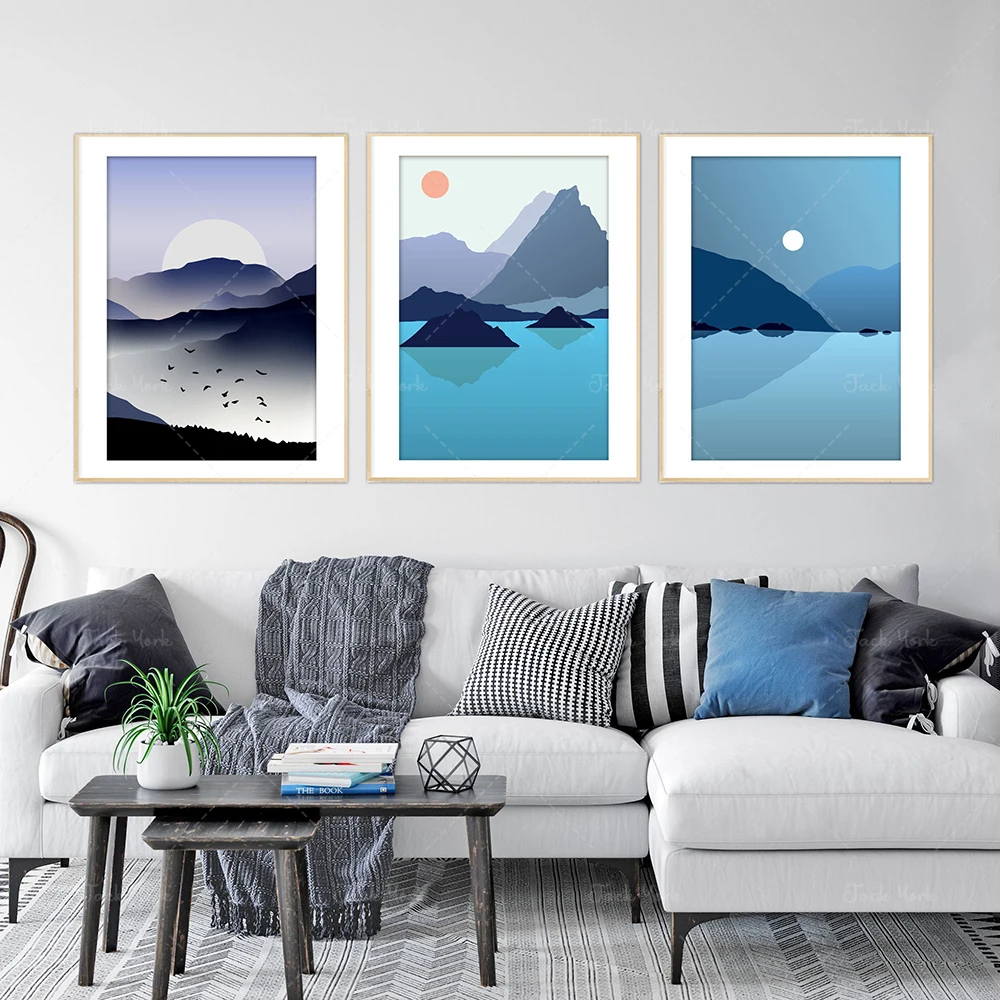 Abstract Landscape Art Set Nordic Panorama Modern Lake Birds Illustration Modern Scandinavo Mountain Navy Blue Scenery Prints