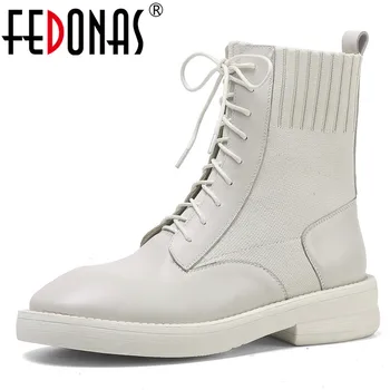 

FEDONAS 2020 Popular Patchwork Genuine Leather Knitting Women Ankle Boots Female Cross Tied High Heels Work Party Shoes Woman